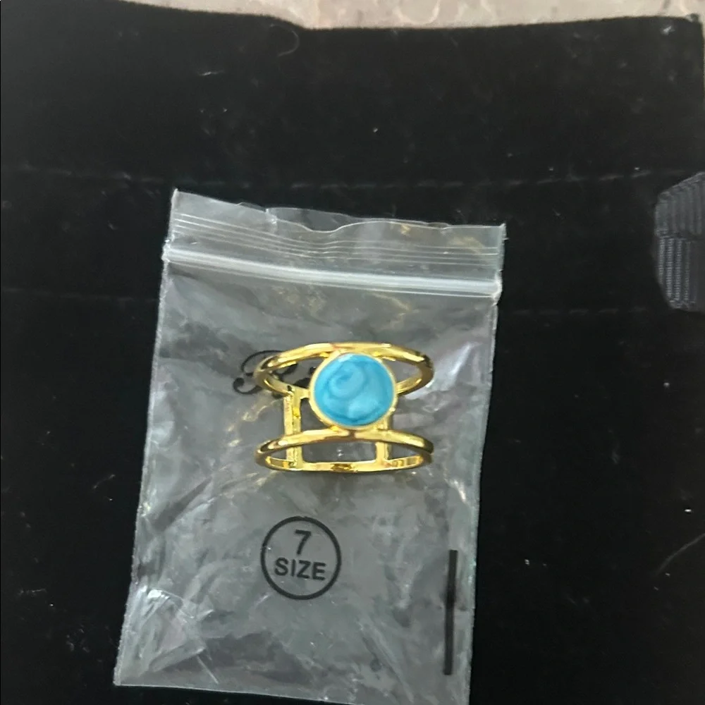 Gold-Plated Ring with Turquoise Stone - Women's Jewelry size 7
